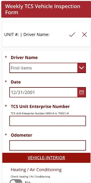 the Vehicle Inspection App interface